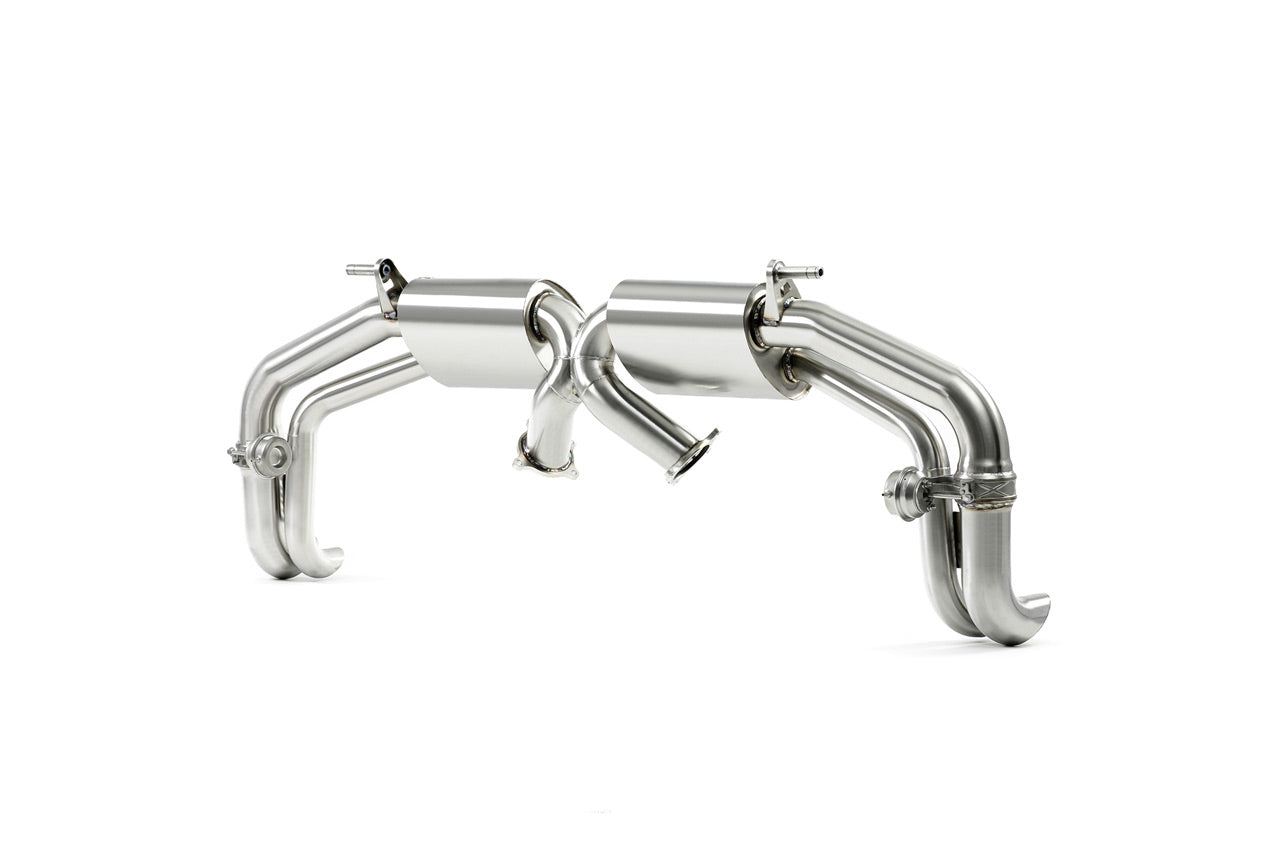 Back left angled view of valvetronic system opf exhaust for Audi R8 V10 which fits 2020+ models manufactured by kline innovation