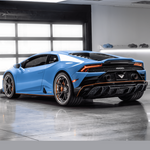 Blue Huracan EVO with Monza diffuser, showroom rear 3/4 view