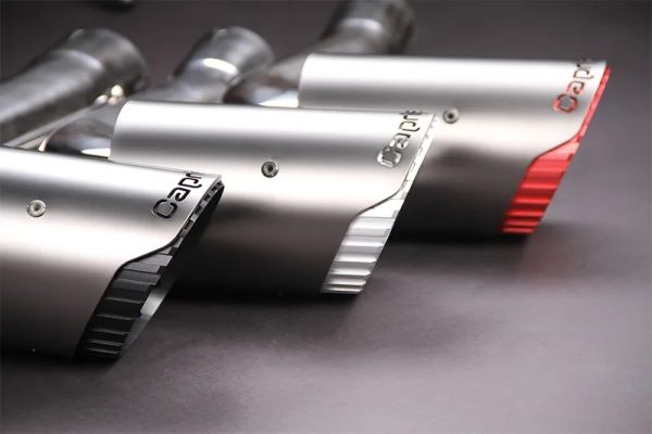 Close side view of Capristo Wicrom Tips for Capristo (SPECIAL ORDER ONLY) for Lamborghini Urus/S 2018+ with black background