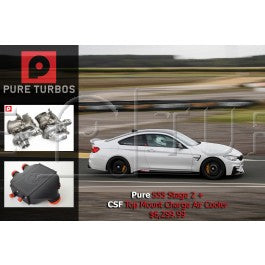 A wide view of a white BMW with two small pictures on the left side of the Pure S55 Stage 2+ and Top Mount Charge Air Cooler of the Pure Turbos /CSF Race BMW S55 Power Package