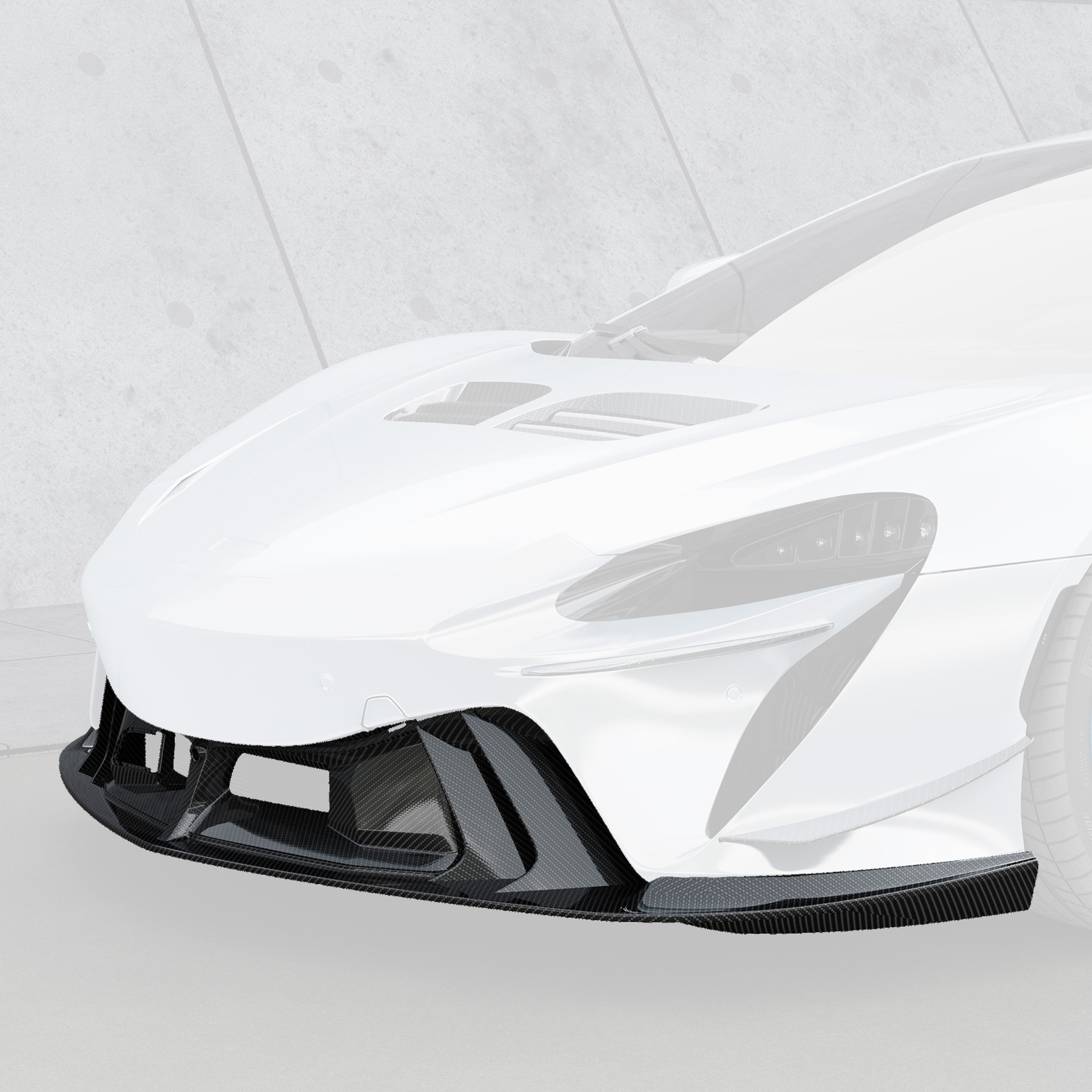 GP63 front spoiler on white Artura, faded front 3/4 view highlighting lip