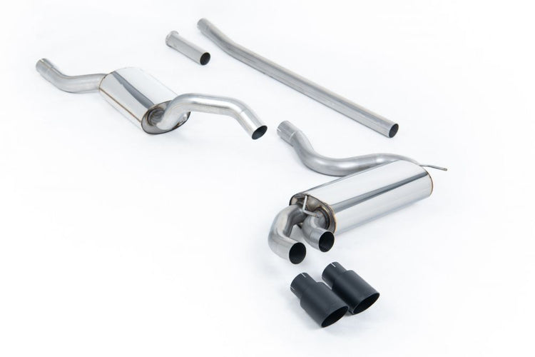 A top view of Milltek Non-Resonated Downpipe-Back Exhaust System OEM Cerakote Black Tips for Audi UR Quattro 10v Turbo 1980-1991 with white background