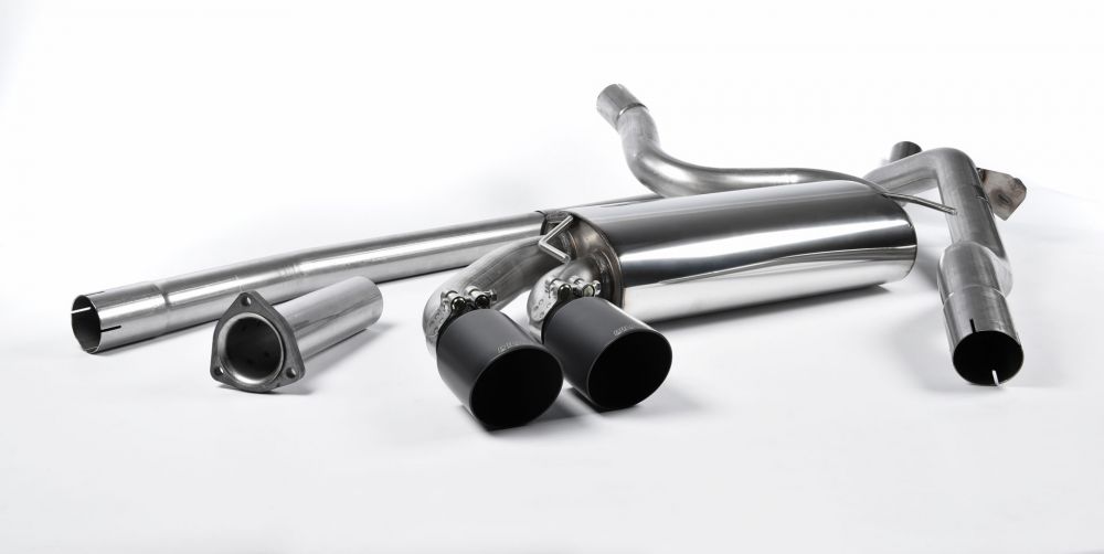 A front view of Milltek Non-Resonated Downpipe-Back Exhaust System OEM Cerakote Black Tips for Audi UR Quattro 10v Turbo 1980-1991 with white background