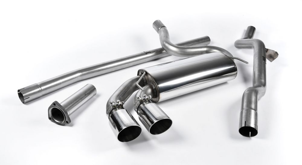 A top wide view of Milltek Non-Resonated Downpipe-Back Exhaust System OEM Polished Tips for Audi UR Quattro 10v Turbo 1980-1991 with white background