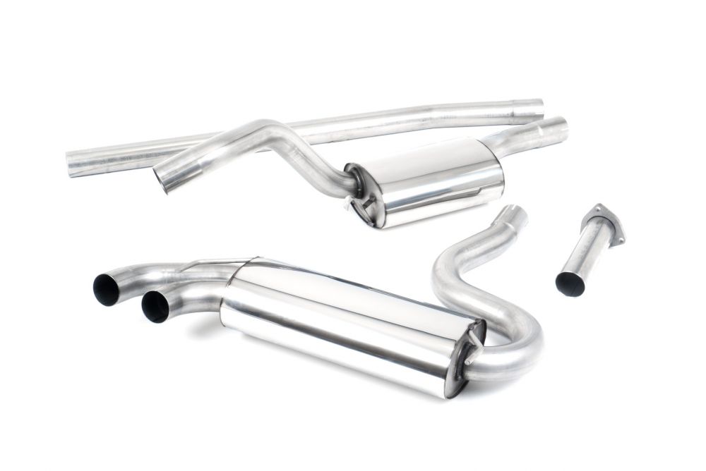 A top wide view of Milltek Resonated Downpipe-Back Exhaust System OEM Cerakote Black Tips for Audi UR Quattro 10v Turbo 1980-1991 with white background
