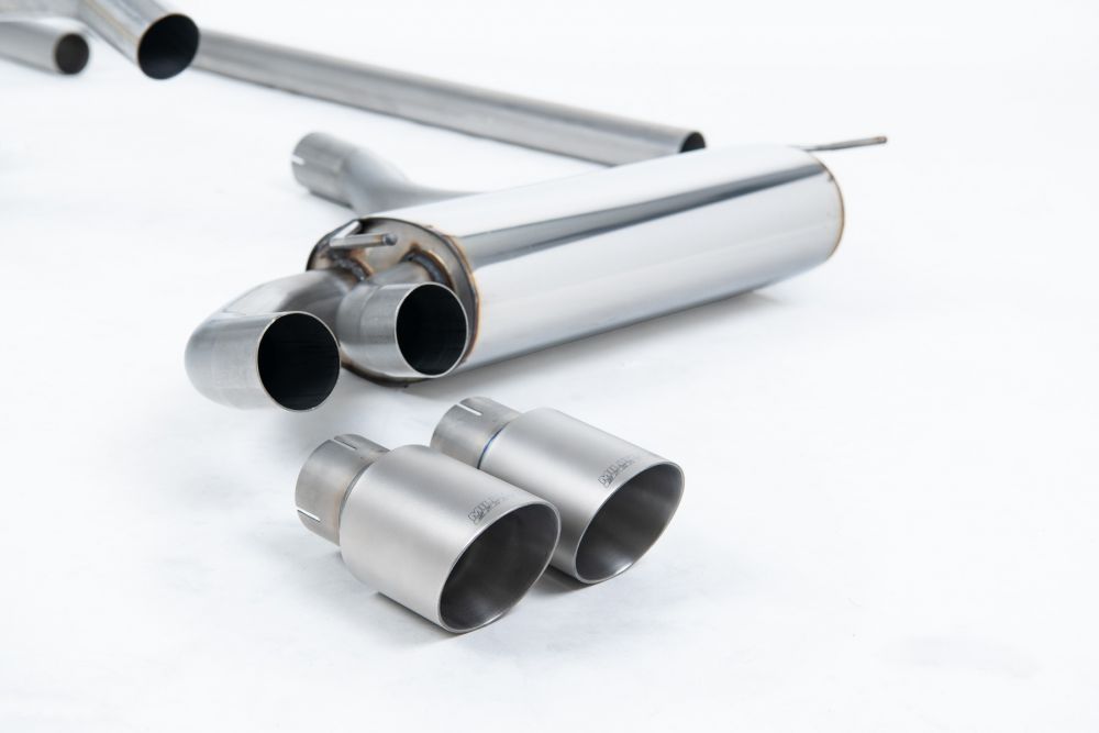 A close up view of Milltek OEM Brushed Titanium Tips with white background