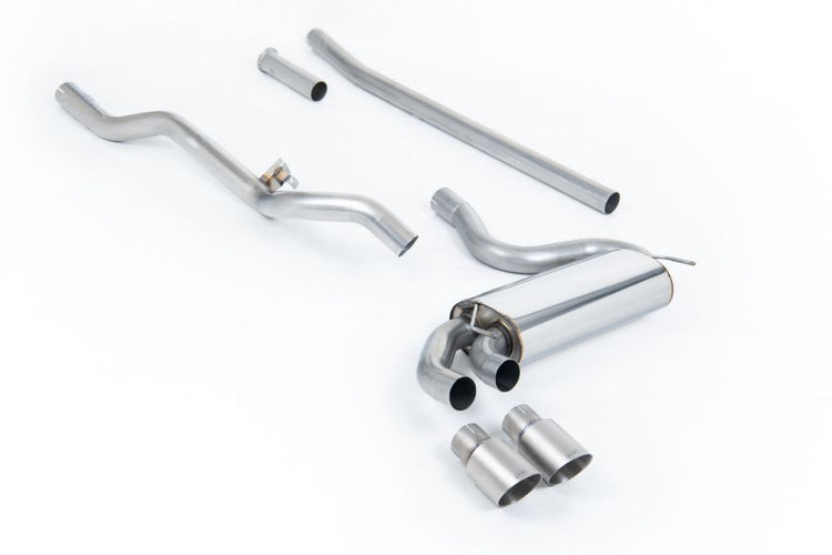 A top view of Milltek Non-Resonated Downpipe-Back Exhaust System OEM Brushed Titanium Tips for Audi UR Quattro 10v Turbo 1980-1991 with white background