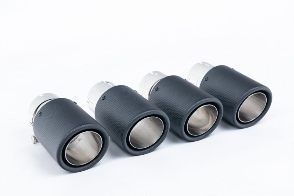 Close-up of polished silver Milltek Sport exhaust tips for the 2014-2018 BMW 3 Series F80 M3 & M3 Competition Saloon