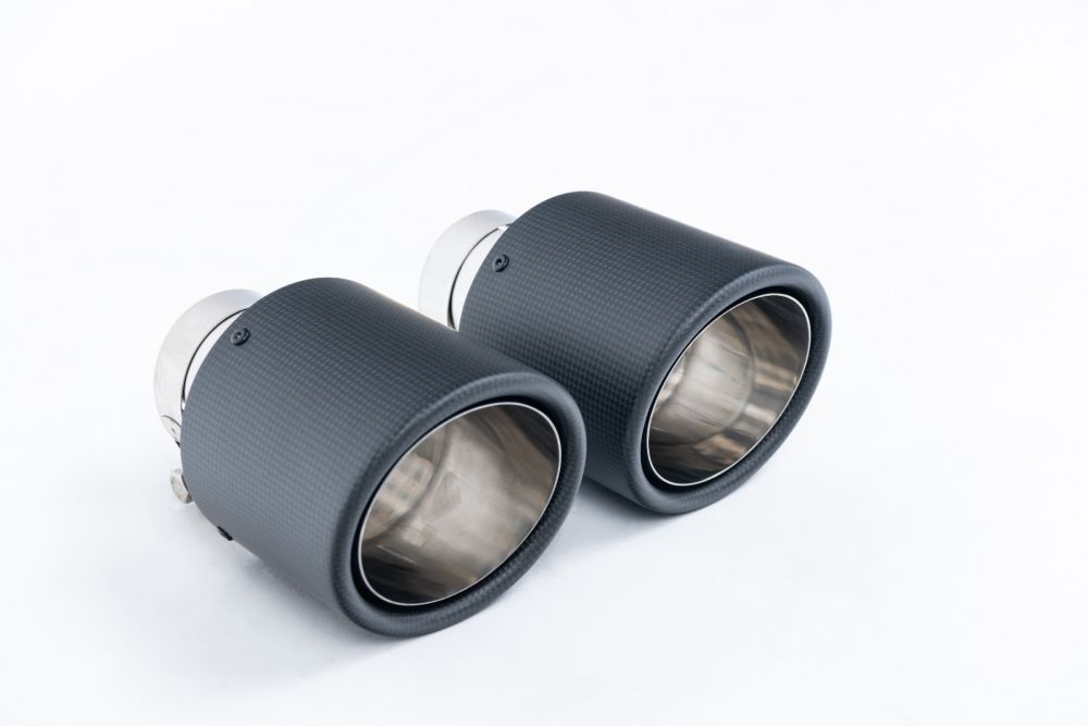 Close-up of polished silver Milltek Sport exhaust tips for the 2021-2024 Volkswagen Golf Mk8 GTi