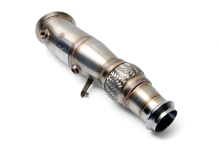 A front view of Evolution Racewerks Competition Series 4" Catless Downpipe for N26 Engine in Brushed Finish