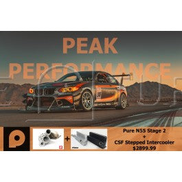 A wide view of a BMW car with 2 small pictures on the bottom of the Pure N55 Stage 2 and the Stepped Intercooler of the Pure Turbos /CSF Race BMW N55 E-series Power Package