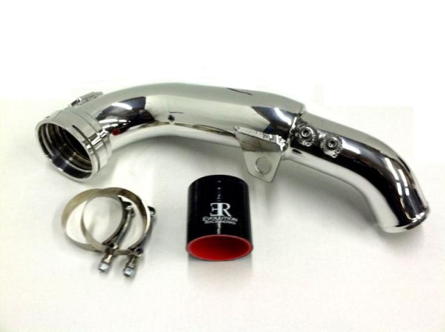 A top view of Evolution Racewerks BMW N55 (3.0T) Charge Pipe for 135i/335i/X1 in Polish Finish with 2 Methanol Bungs