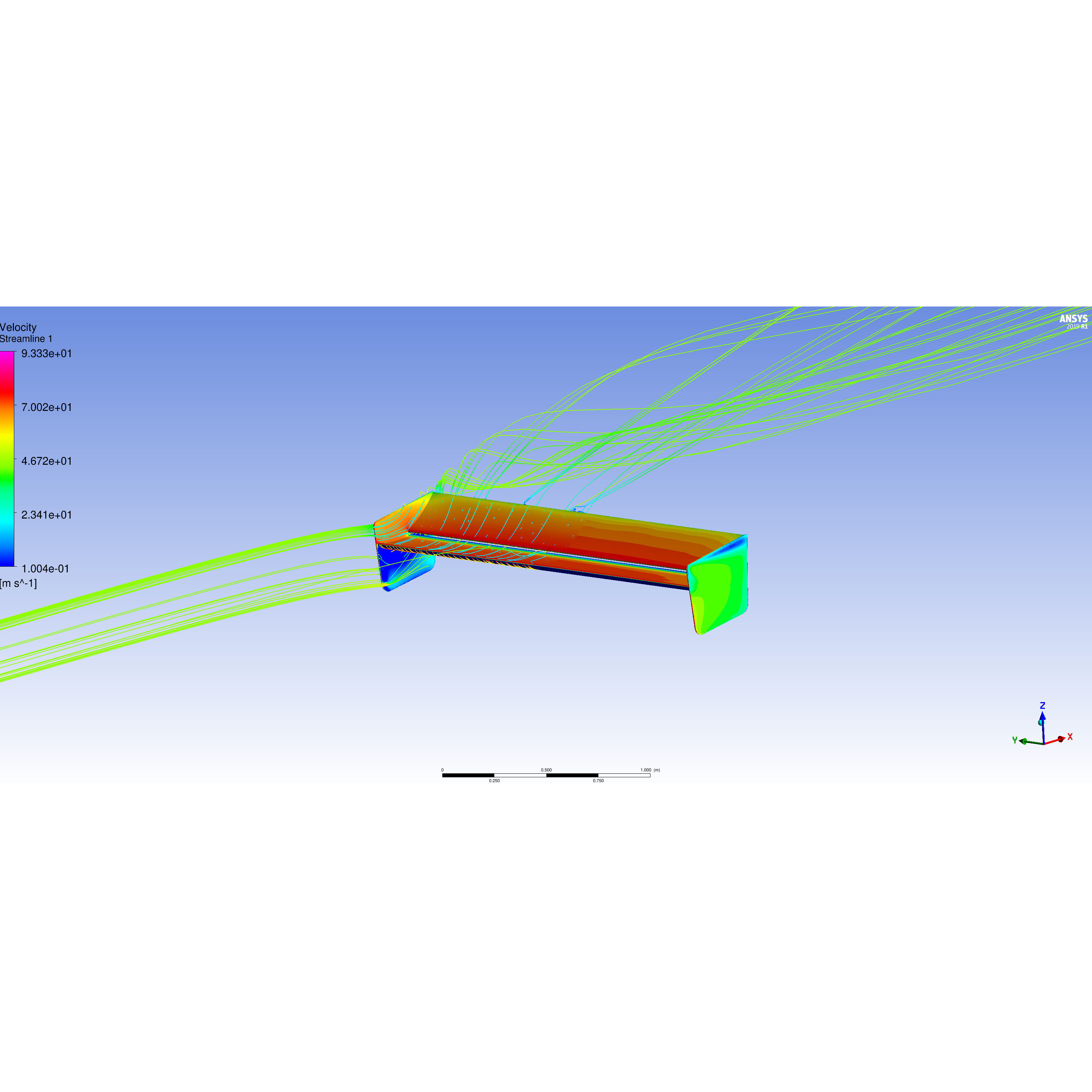 Computational fluid dynamics simulation showing airflow streamlines around a rear wing spoiler with velocity color mapping - APR Performance rear wing for Universal 
