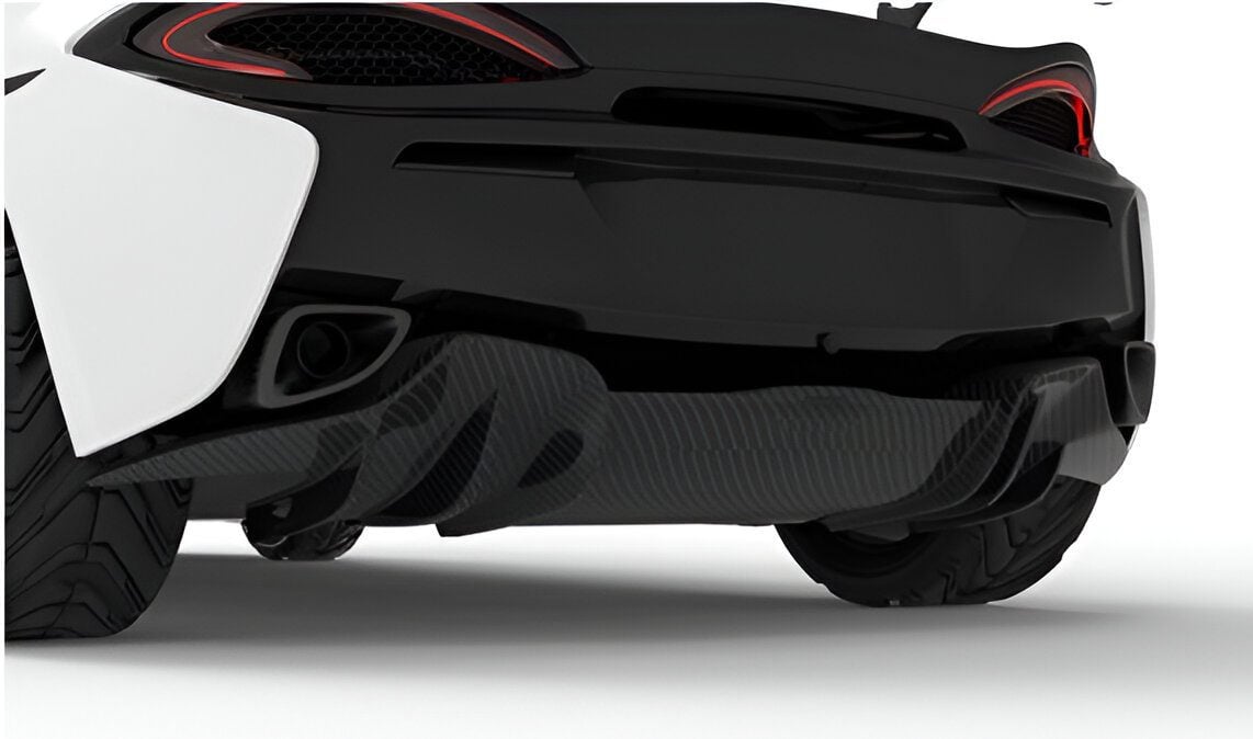 Carbon rear diffuser on a white McLaren 570S, low rear view