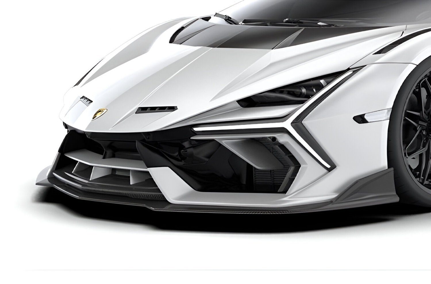 Front lip on a white Lamborghini Revuelto, front corner close-up