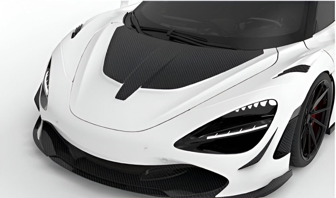 Carbon race hood on a white McLaren 720S, close front view