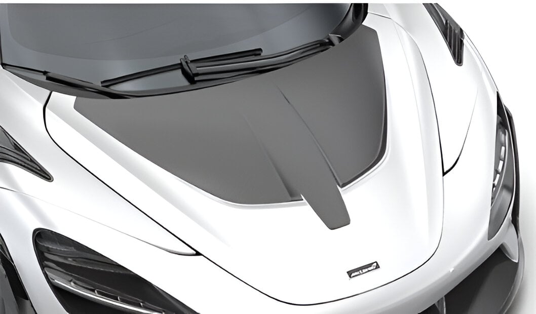 Carbon race hood on a white McLaren 750S, close front view