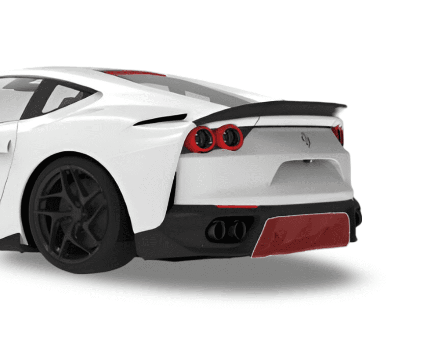 Render of a white Ferrari 812 with the rear center diffuser highlighted