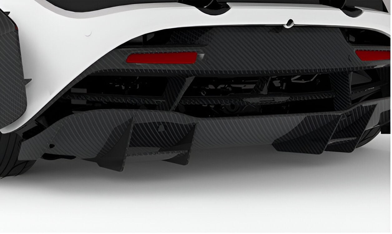 Carbon rear diffuser fitted on a white McLaren 720S, close rear view