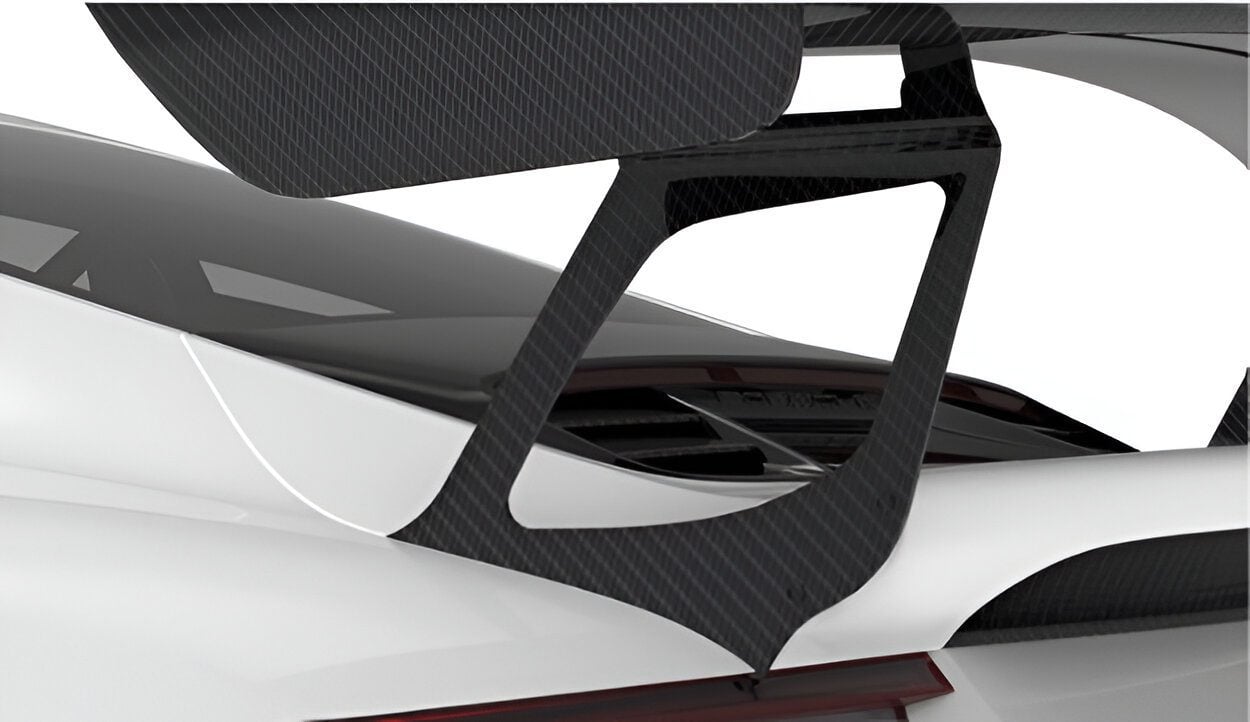 Carbon wing leg under a GT3 RS rear wing, close-up