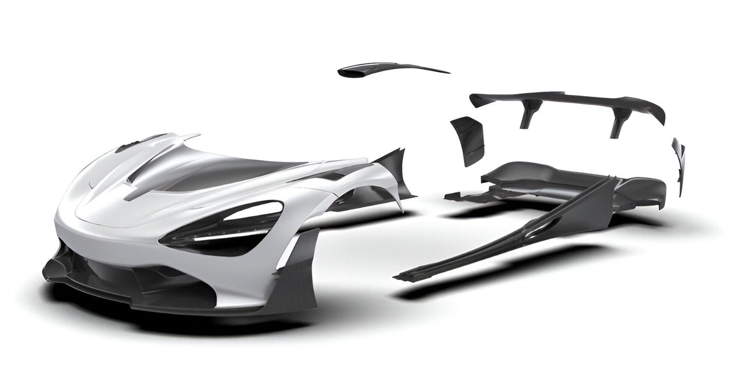 McLaren 750S complete aero kit components laid out, front render