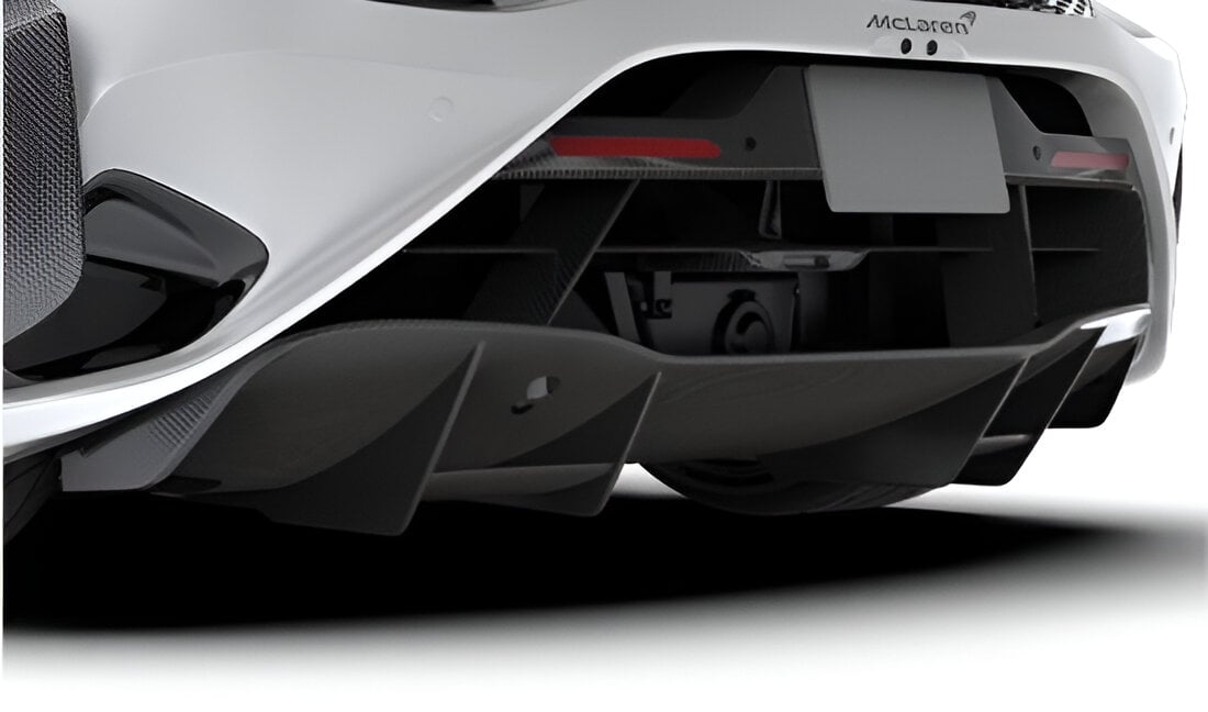 Carbon rear diffuser on a white McLaren 750S, rear close-up