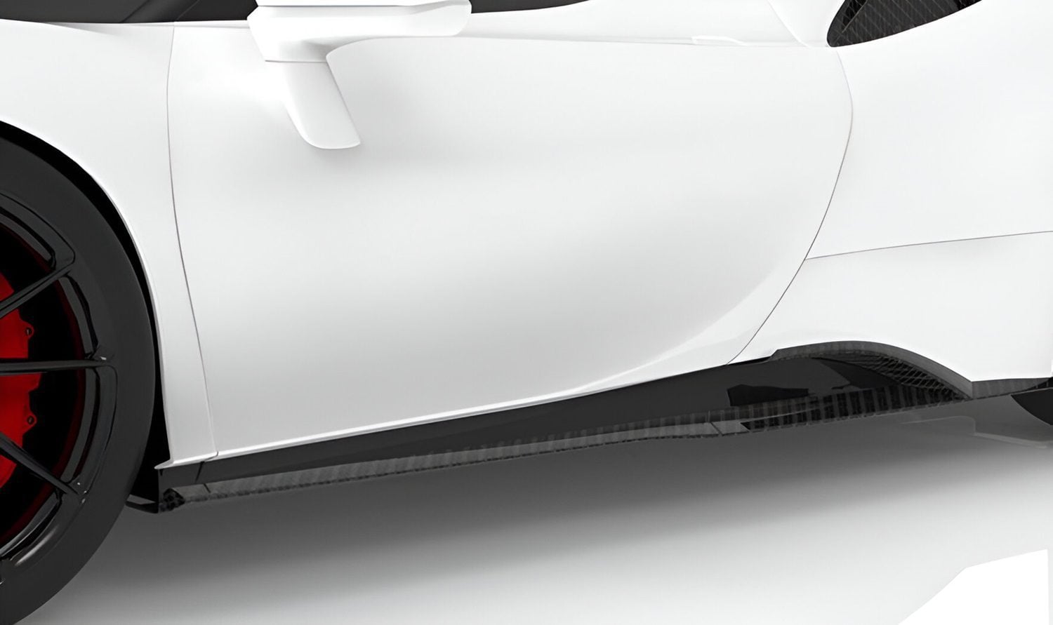 Carbon side skirt on a white Ferrari SF90, low side view