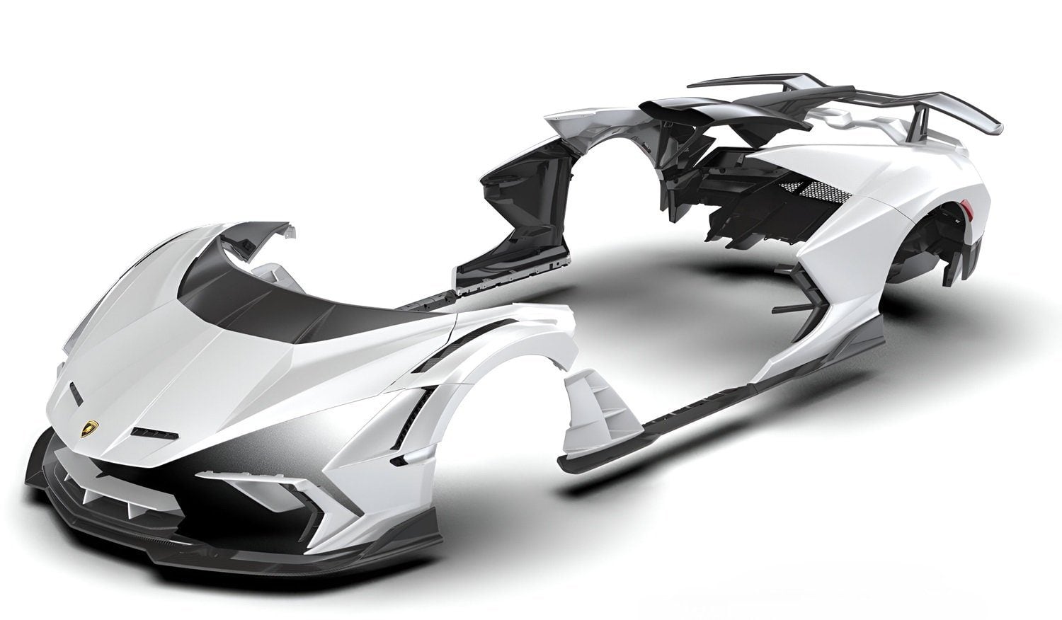 Lamborghini Revuelto complete aero kit components laid out in vehicle shape, front three-quarter render