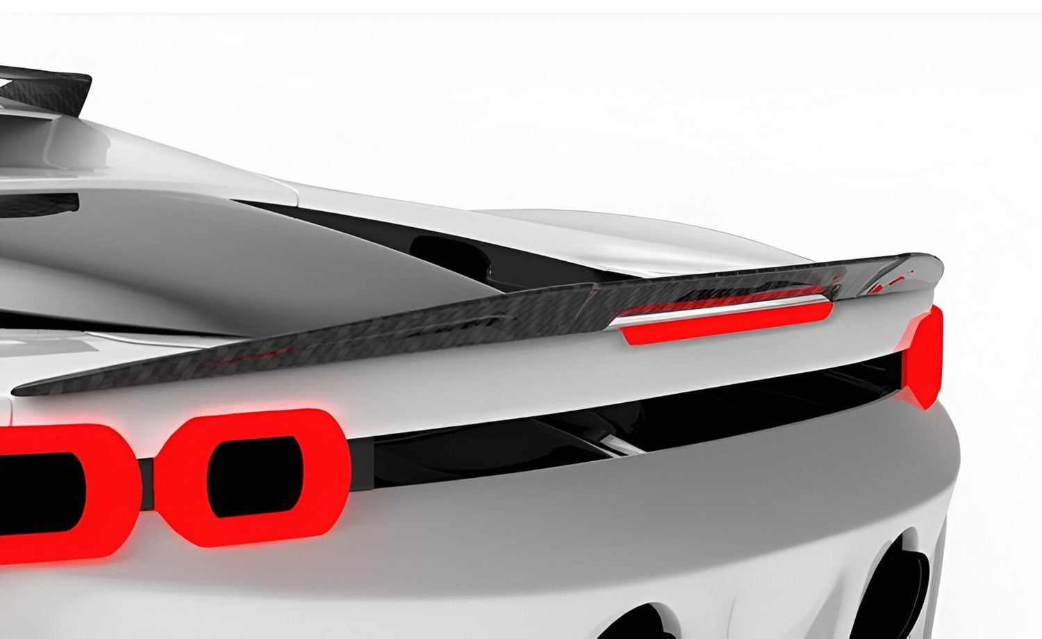 Carbon trunk spoiler above the tail lights of a white Ferrari SF90