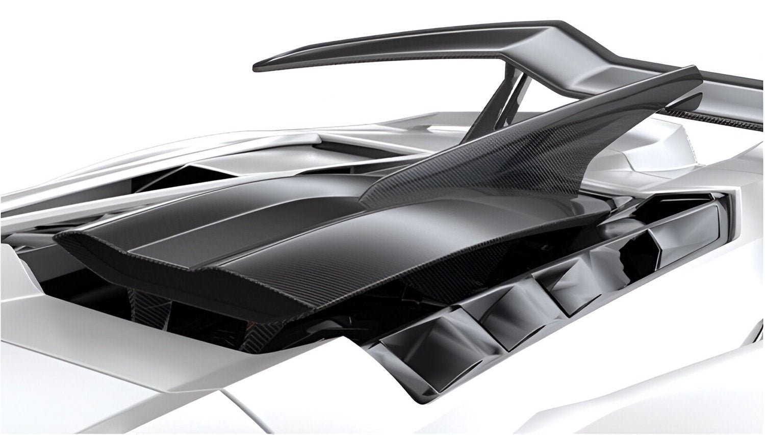 Carbon roof scoop on a white Lamborghini Revuelto engine cover