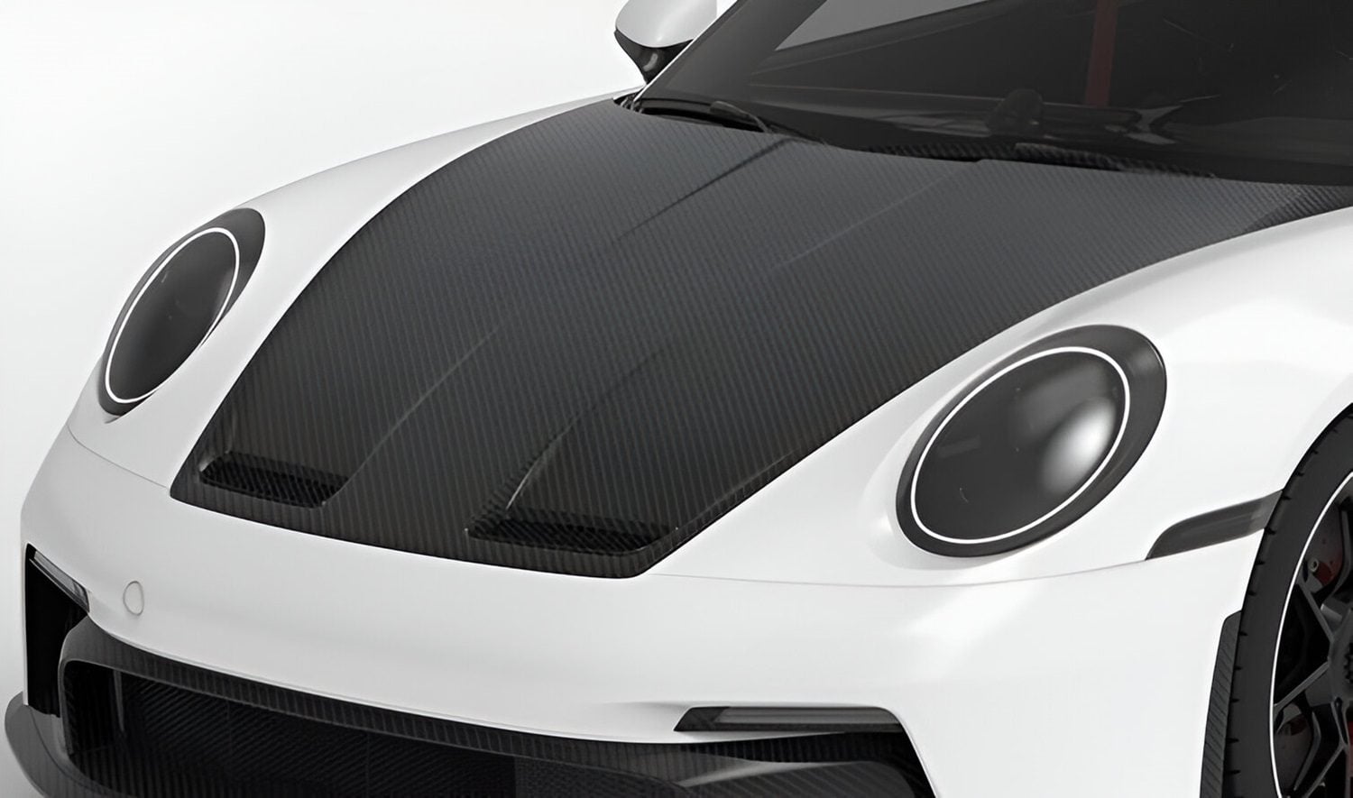 Carbon vented hood on a white Porsche 911 GT3 (992), close-up render