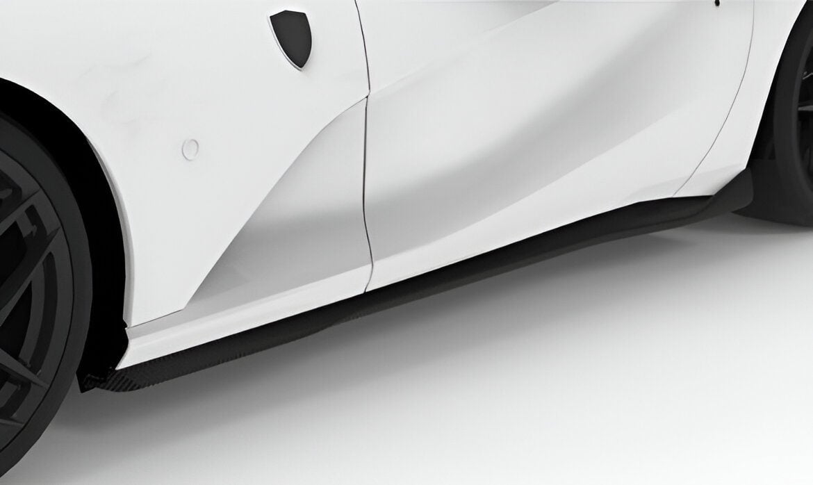 Carbon side skirt on a white Ferrari 812, low side view