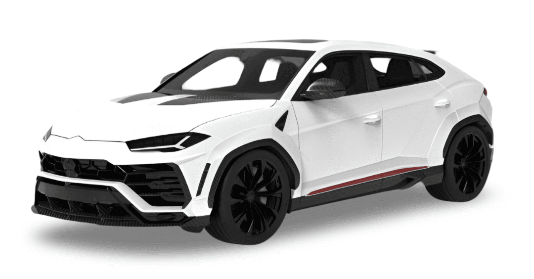 Render of a white Urus with carbon door trims and lower aero
