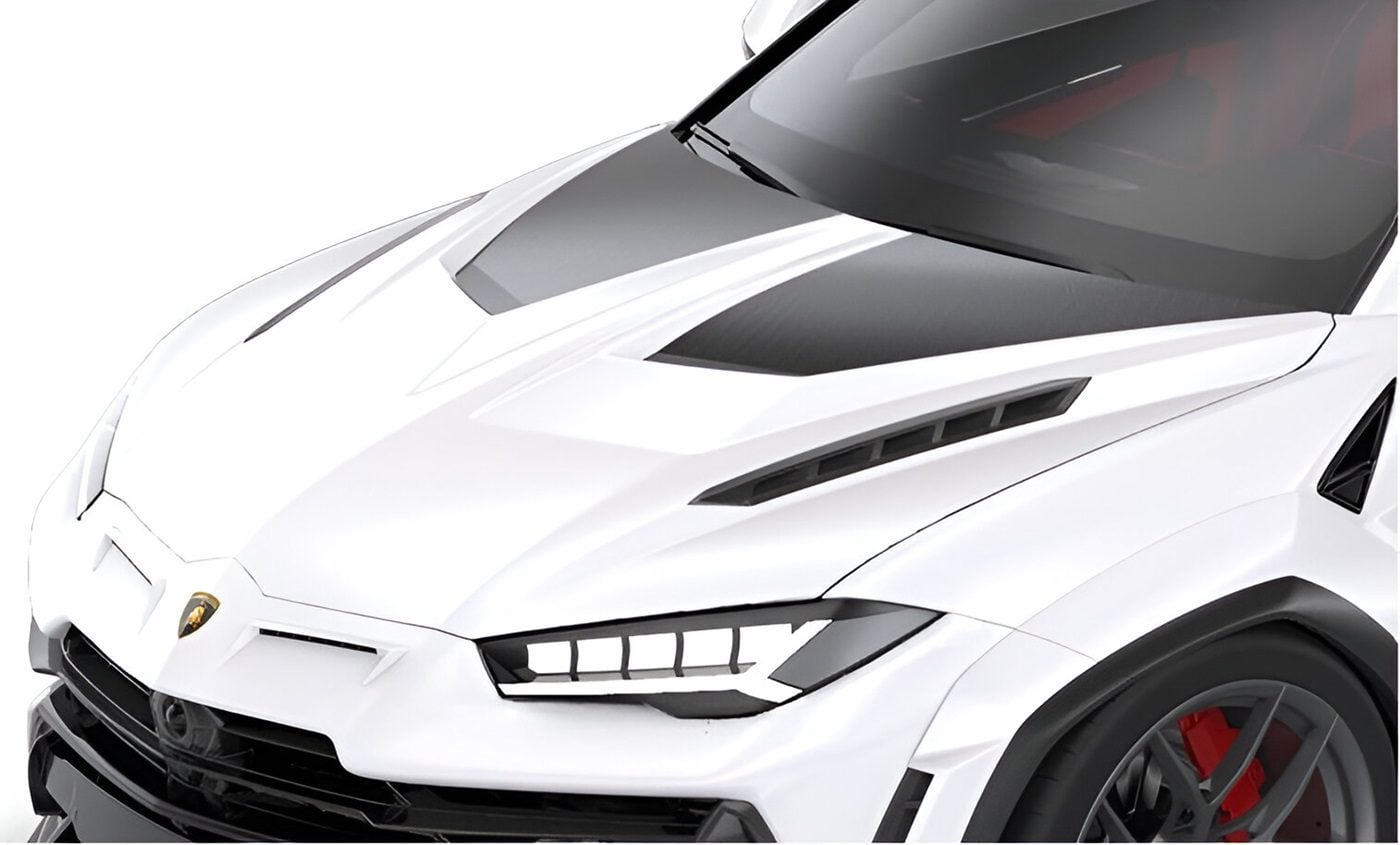 White Urus with the carbon V2 race hood, close front view