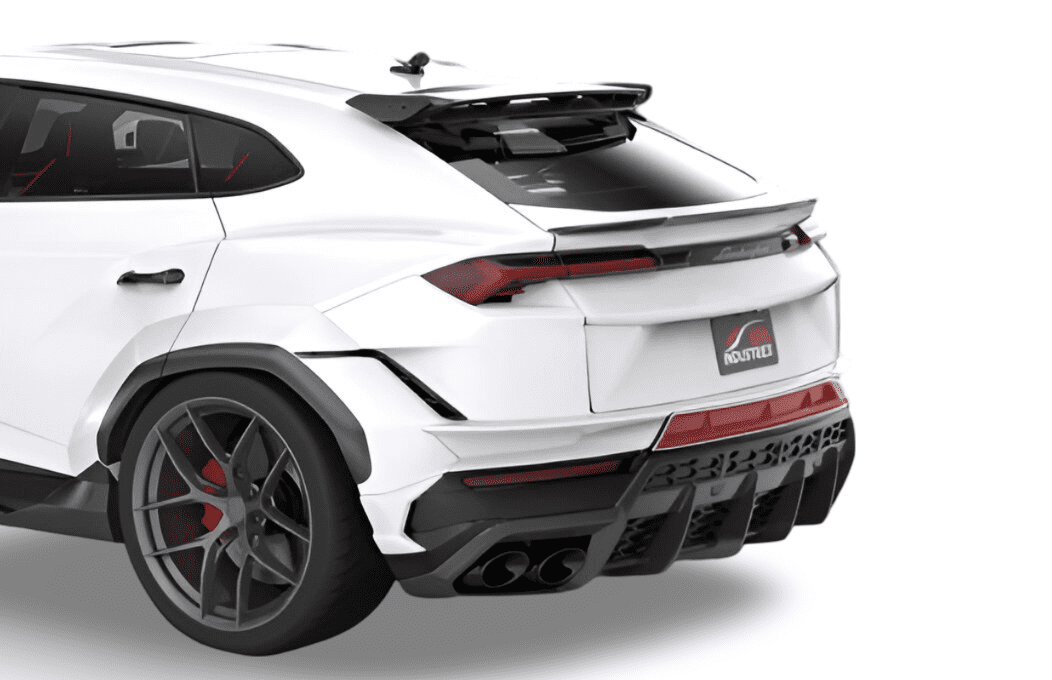 Render of a white Lamborghini Urus rear three-quarter with the 1016 rear parts
