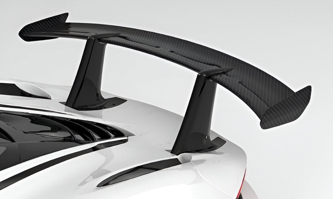 V2 fixed wing mounted on a white McLaren 720S, rear close-up