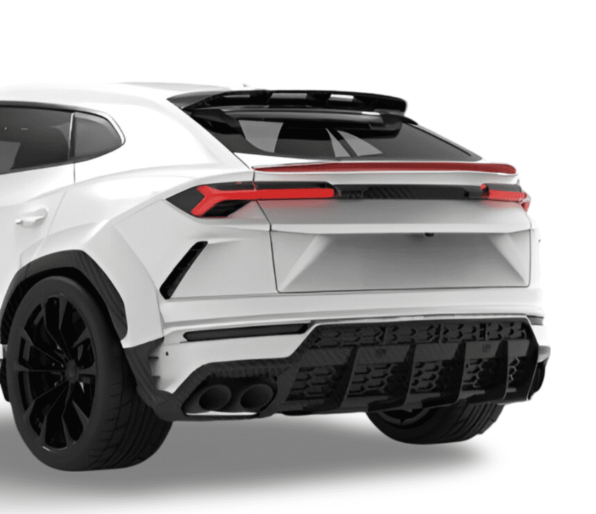 White Urus rear view with carbon trunk spoiler and diffuser