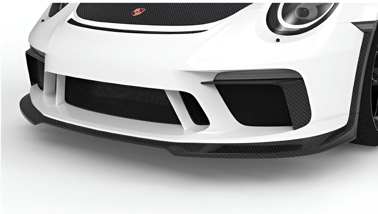Carbon front lip on a white Porsche 911 GT3 RS, close-up