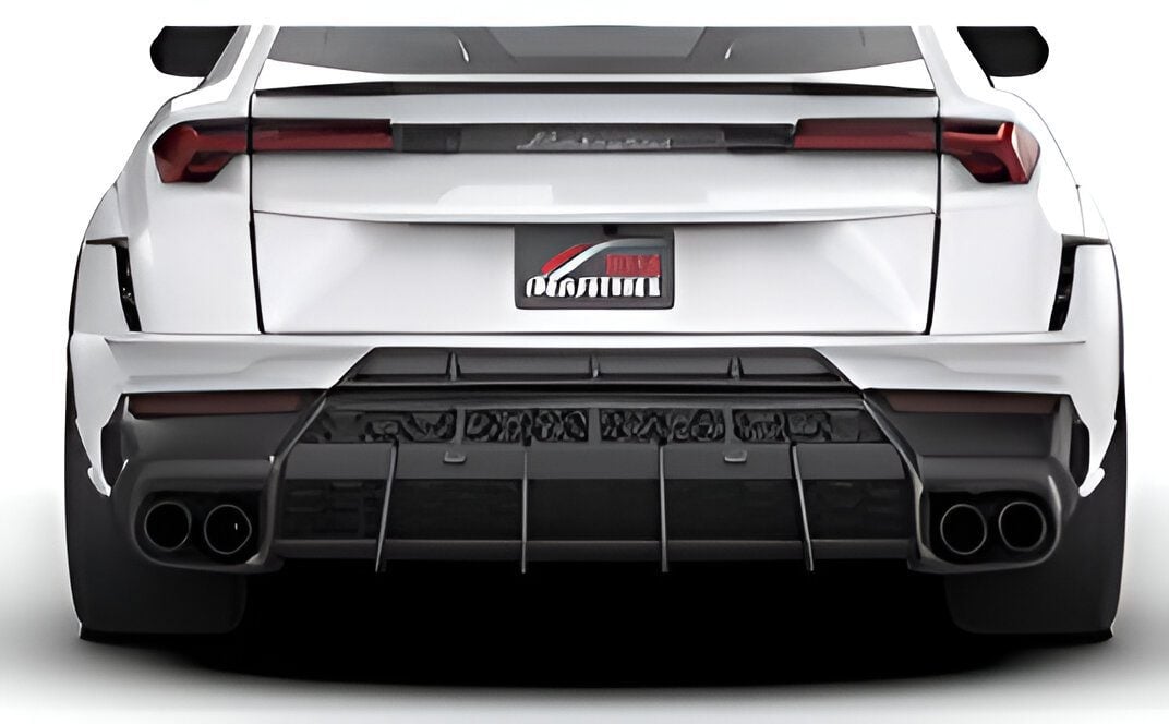 Rear diffuser on a white Lamborghini Urus, rear close-up