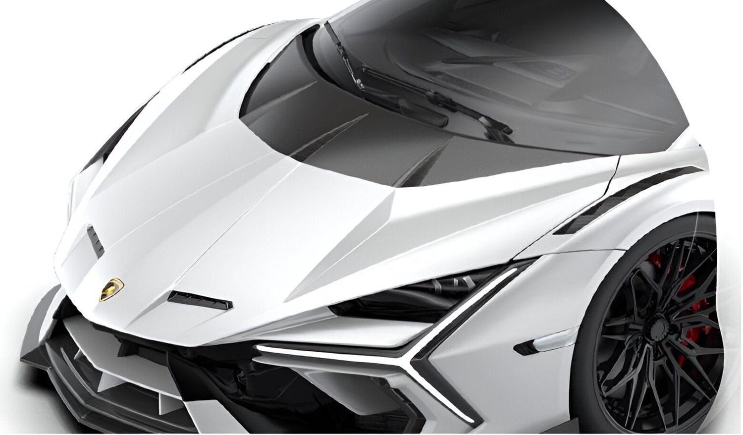 Race hood on a white Lamborghini Revuelto, front close-up