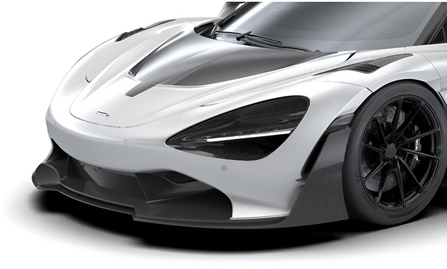 Front bumper on a white McLaren 750S, front three-quarter close-up