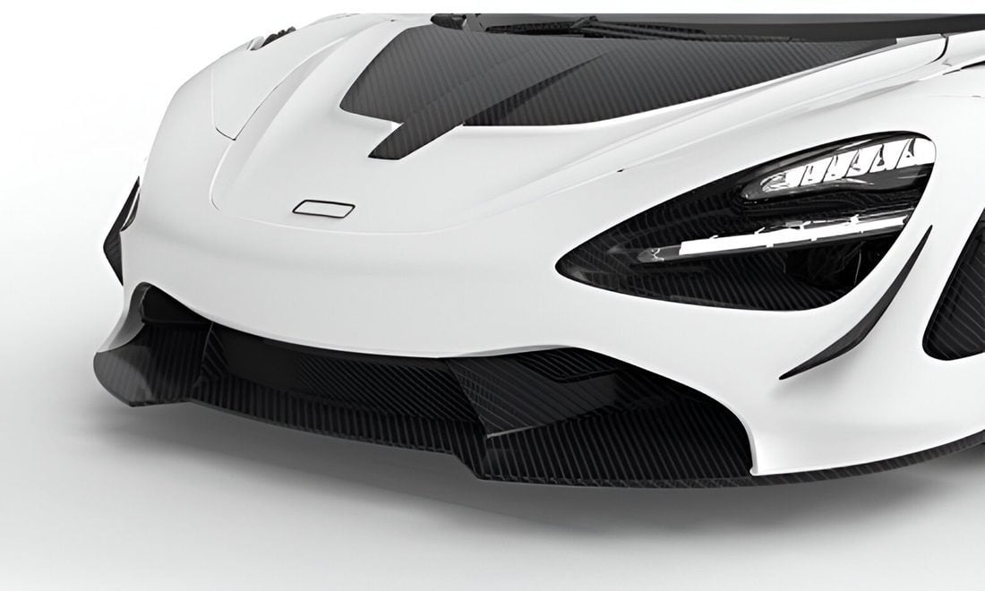 Carbon front lip on a white McLaren 720S, close front corner