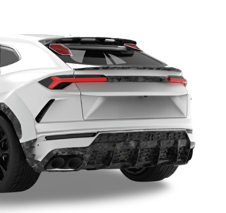 Rear of a white Urus with roof spoiler wing tips and forged carbon diffuser