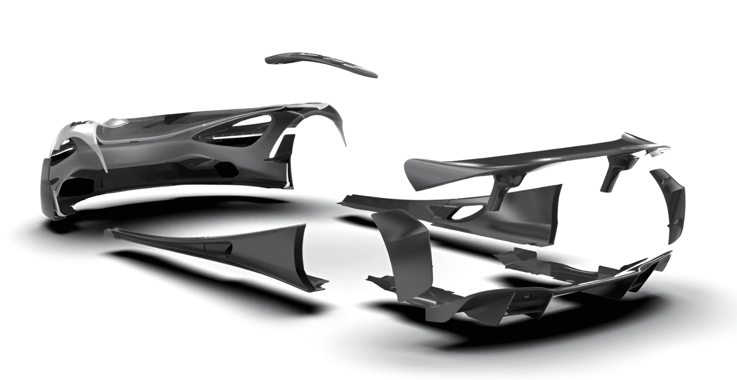 McLaren 750S complete aero kit components laid out, rear render