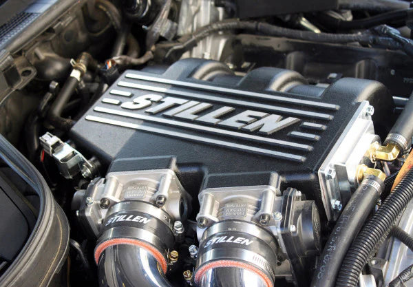 close view of Stillen Supercharger - Tuner Kit [Satin] for Nissan 370Z [Z34] (Base and Touring) 2012-2014 fitted inside a car