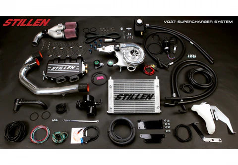 wide view of Stillen Supercharger Tuned System [Satin] for Nissan 370Z [Z34] Nismo 2012-2014 with black background