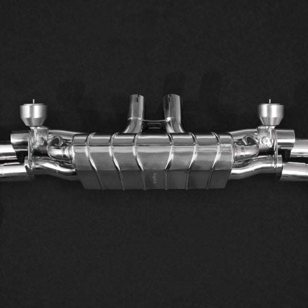 wide side view of Capristo Valved Exhaust with Mid-Silencer Delete and Carbon Tips (CES3) for Porsche 536 Cayenne S 2.9 BiTurbo 2019+ with black background