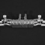 wide side view of Capristo Valved Exhaust with Mid-Silencer Delete and Carbon Tips (CES3) for Porsche 536 Cayenne S 2.9 BiTurbo 2019+ with black background