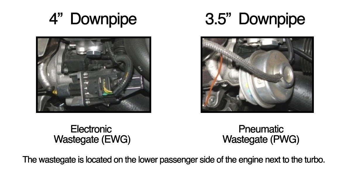 Wastegate comparison photo to choose the 3.5in or 4in VRSF N55 downpipe