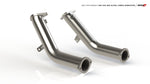CAD rendering of the AMS VR30DDTT race lower downpipes with brackets and outlet ends